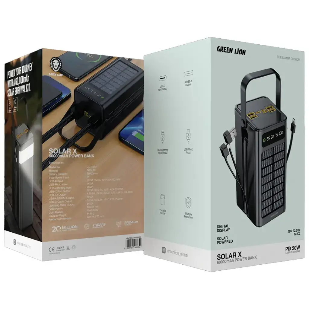 Green Lion Solar X 60000mAh Power Bank PD 20W - Black